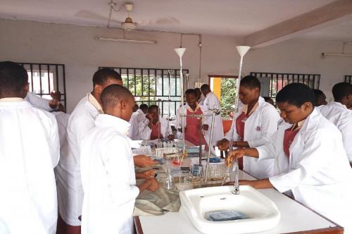 Students performing titration practical in our chemistry laboratory.